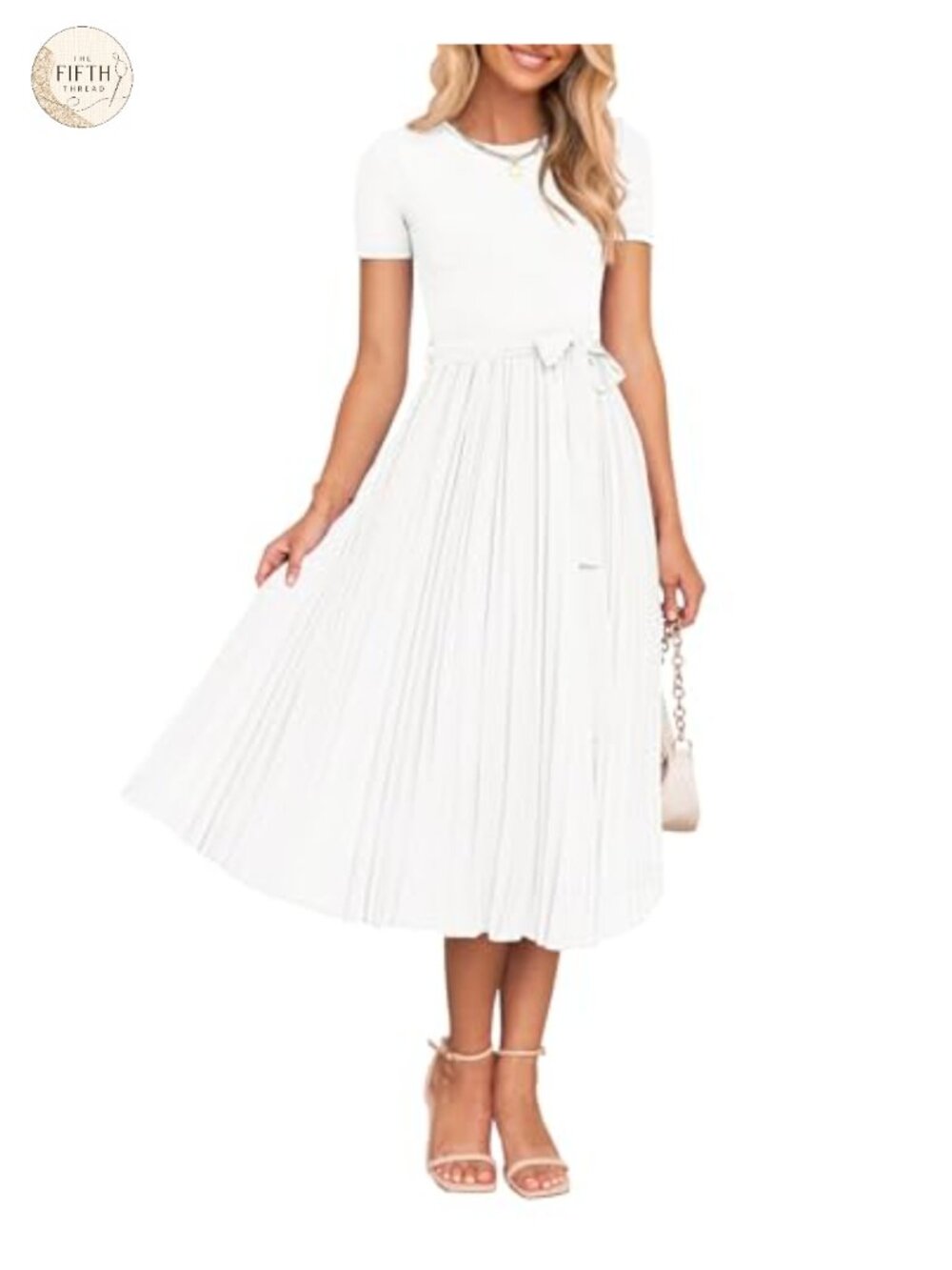 Rib Knit Midi Dress with Detachable Belt & Pleated Chiffon Skirt Summer